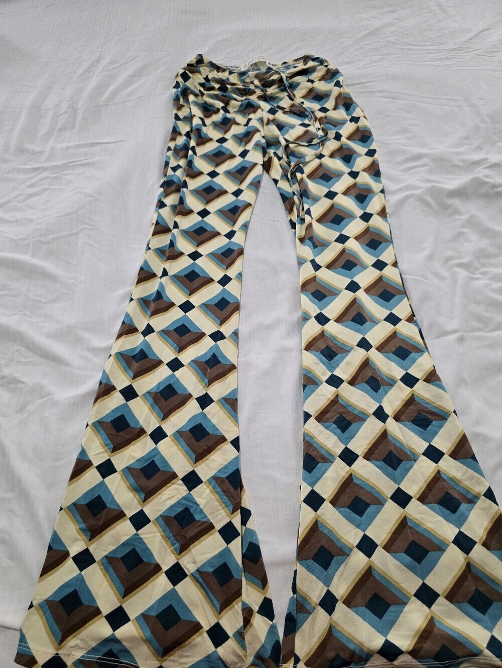 Geometric Pattern Flared Pants in Cream, Teal & Brown